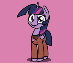Size: 2047x1768 | Tagged: safe, artist:ewoudcponies, derpibooru import, twilight sparkle, twilight sparkle (alicorn), alicorn, pony, g4, clothes, female, image, looking at you, mare, pink background, png, simple background, smiling, smiling at you, solo, starfleet, uniform
