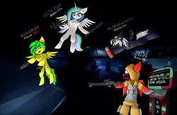 Size: 3150x2035 | Tagged: safe, artist:twinky, derpibooru import, princess celestia, oc, alicorn, bat pony, pegasus, pony, g4, bat pony oc, bat wings, chest fluff, female, flying, gtfo, gun, handgun, image, mare, pegasus oc, pistol, png, rifle, sniper rifle, weapon, wings