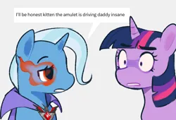 Size: 1470x1001 | Tagged: safe, artist:cupidcry, derpibooru import, trixie, twilight sparkle, pony, unicorn, g4, magic duel, alicorn amulet, bushy brows, bust, cape, clothes, dialogue, duo, duo female, eye mist, eyebrows, eyebrows visible through hair, female, fire, gray background, horn, image, looking at each other, looking at someone, mare, meme, my little pony, png, red eyes, side view, simple background, speech bubble, three quarter view, trixie's cape, unicorn twilight, wide eyes
