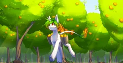 Size: 3000x1564 | Tagged: safe, artist:mediasmile666, derpibooru import, oc, unofficial characters only, pony, unicorn, bag, female, food, horn, image, mare, orange, orchard, png, raised leg, saddle bag, solo, unshorn fetlocks