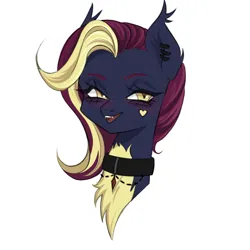 Size: 1000x1000 | Tagged: safe, artist:skuka_blin, derpibooru import, oc, oc:nightingale ode, unofficial characters only, bat pony, pony, g4, bat pony oc, bat wings, birthmark, blue body, blushing, bust, chest fluff, choker, colored belly, ear fluff, ear tufts, fangs, female, heart, image, looking at you, mare, png, portrait, red hair, simple background, smiling, smiling at you, solo, white background, wings, yellow eyes