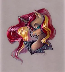 Size: 1280x1419 | Tagged: safe, artist:sinsofjoy, derpibooru import, sunset shimmer, pony, unicorn, g4, aside glance, bust, clothes, collar, cyan eyes, evil grin, eyeshadow, female, grin, horn, image, jacket, jpeg, leather, leather collar, leather jacket, long mane, looking at you, makeup, open mouth, sideways glance, simple background, smiling, solo, solo female, traditional art, two toned mane, yellow coat