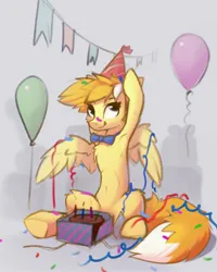 Size: 1897x2366 | Tagged: safe, artist:breakdream, derpibooru import, oc, oc:lemon squeezy, unofficial characters only, pegasus, pony, balloon, birthday, birthday cake, bowtie, cake, female, food, hat, image, jpeg, licking, licking lips, mare, party hat, sitting, solo, tongue out