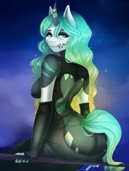 Size: 3012x4012 | Tagged: suggestive, artist:deems, derpibooru import, oc, unofficial characters only, anthro, unicorn, ass, backless, butt, clothes, curved horn, dress, evening gloves, fangs, female, fingerless gloves, gloves, horn, image, long gloves, looking at you, looking back, looking back at you, png, sitting, solo