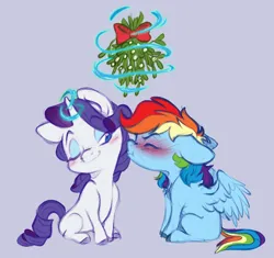 Size: 5007x4711 | Tagged: safe, artist:chub-wub, derpibooru import, rainbow dash, rarity, pegasus, pony, unicorn, g4, blushing, duo, duo female, eyes closed, eyeshadow, female, floppy ears, glow, glowing horn, horn, image, jpeg, kiss on the cheek, kissing, lesbian, levitation, magic, makeup, mistletoe, one eye closed, partially open wings, ship:raridash, shipping, sitting, smiling, telekinesis, wings