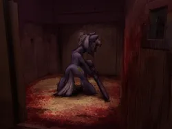 Size: 2042x1533 | Tagged: semi-grimdark, artist:t72b, derpibooru import, limestone pie, earth pony, pony, g4, bipedal, blood, blood on face, chainsword, door, doorway, edited photo, eyes closed, female, gritted teeth, hoof hold, image, mare, png, real life background, sword, teeth, warhammer (game), warhammer 40k, weapon