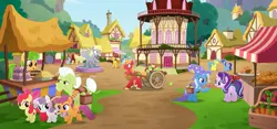 Size: 2469x1152 | Tagged: safe, composite screencap, derpibooru import, edit, edited screencap, editor:pascalmulokozi2, screencap, apple bloom, big macintosh, carrot cake, cup cake, derpy hooves, granny smith, party favor, pound cake, pumpkin cake, scootaloo, starlight glimmer, sweetie belle, trixie, earth pony, pegasus, pony, unicorn, g4, brother and sister, cake twins, cutie mark crusaders, female, filly, foal, horn, image, male, mare, market, movie accurate, my little pony, my little pony: rainbow roadtrip, png, ponyville, siblings, stallion, town hall, twins