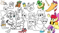 Size: 1920x1080 | Tagged: safe, artist:jargon scott, derpibooru import, apple bloom, limestone pie, marble pie, maud pie, pinkie pie, rainbow dash, rarity, scootaloo, sweetie belle, twilight sparkle, oc, oc:anon, oc:jargon scott, oc:morning mimosa, worm, g4, butt, cutie mark crusaders, donut, dynamite, explosives, female, food, gun, holy hand grenade of antioch, image, mare fair, mouth hold, pie sisters, png, rainbutt dash, rocket launcher, shotgun, siblings, simple background, sisters, snowpity inc., species swap, twiggie, weapon, white background, wormified, worms armageddon