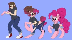 Size: 2292x1285 | Tagged: safe, artist:atcpony, derpibooru import, pinkie pie, earth pony, human, pony, g4, clothes, converse, disappearing clothes, glasses, human to pony, image, open mouth, open smile, png, ponytail, raised hoof, shirt, shoes, simple background, smiling, transformation, transformation sequence