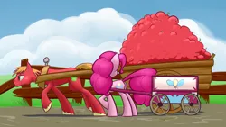 Size: 3156x1780 | Tagged: safe, artist:underpable, derpibooru import, big macintosh, pinkie pie, earth pony, pony, g4, apple, cart, cropped, duo, duo male and female, female, fence, food, freckles, image, male, mare, outdoors, png, pulling, stallion, unshorn fetlocks, wagon, welcome wagon, working