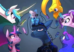 Size: 3508x2480 | Tagged: suggestive, artist:underpable, derpibooru import, princess celestia, princess luna, starlight glimmer, twilight sparkle, oc, oc:flint, alicorn, pony, unicorn, g4, butt, charger, charging, commission, dickbutt, female, glow, glowing horn, high res, horn, image, levitation, long horn, magic, magic aura, mare, mobile phone, moonbutt, mundane utility, phone, plot, plug, png, telekinesis, unamused