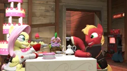 Size: 3840x2160 | Tagged: safe, artist:spikefire21, derpibooru import, big macintosh, fluttershy, spike, dragon, earth pony, pegasus, pony, g4, 3d, 4k, bound, cake, cup, cupcake, female, fluttermac, fluttermedic, food, frown, glasses, grin, heavy (tf2), heavy mac, high res, hoof hold, hostage, image, indoors, jewelry, looking at each other, looking at someone, magnetic hooves, male, mare, marzipan mascarpone meringue madness, medic (tf2), png, rope, shipping, sitting, smiling, smiling at each other, source filmmaker, spike is not amused, stallion, straight, table, tea party, teacup, team fortress 2, teapot, tiara, tied up, trio, unamused