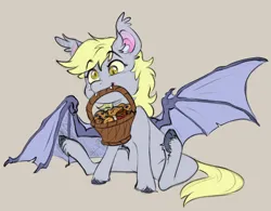 Size: 6253x4876 | Tagged: safe, artist:chub-wub, derpibooru import, derpy hooves, bat pony, pony, g4, basket, bat ears, bat ponified, bat wings, derpybat, ear fluff, ear tufts, fangs, female, food, image, jpeg, mare, mouth hold, muffin, race swap, sitting, solo, spread wings, unshorn fetlocks, wings
