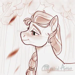 Size: 1280x1280 | Tagged: safe, artist:mythical artist, derpibooru import, sunny starscout, earth pony, pony, g5, falling leaves, female, forest, image, jpeg, leaves, lidded eyes, mare, monochrome, nature, outdoors, signature, sketch, smiling, solo, tree