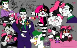 Size: 1280x800 | Tagged: safe, artist:dsstoner, derpibooru import, oc, earth pony, human, pony, unicorn, aggie.io, batman, bed, blood, blushing, clothes, cutie mark, dc comics, duo, grin, gun, heart, holding, holding a pony, horn, image, jester outfit, kissing, magic, making out, nosebleed, on bed, petting, phone, plushie, png, shipping, smiling, the joker, tongue out, weapon