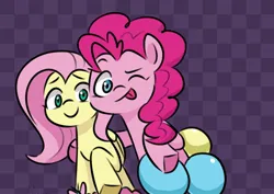 Size: 1022x724 | Tagged: safe, derpibooru import, fluttershy, pinkie pie, butterfly, earth pony, insect, pegasus, pony, g4, ;p, andrea libman, balloon, happy, image, jpeg, looking at you, one eye closed, smiling, tongue out, wink