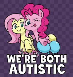 Size: 1022x1080 | Tagged: safe, artist:makaryo, derpibooru import, fluttershy, pinkie pie, butterfly, earth pony, insect, pegasus, pony, g4, ;p, andrea libman, balloon, checkered background, duo, duo female, female, happy, image, jpeg, looking at you, mouthpiece, one eye closed, smiling, tongue out, wink