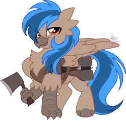 Size: 2900x2750 | Tagged: safe, artist:exobass, artist:fizzlefer, derpibooru import, oc, oc:thunder charge, unofficial characters only, classical hippogriff, hippogriff, armor, axe, beak, closed mouth, eyes open, full body, hammer, hippogriff oc, image, male, male oc, partially open wings, png, raised claw, signature, simple background, solo, striped mane, transparent background, two toned mane, war hammer, weapon, wings