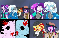Size: 2266x1488 | Tagged: semi-grimdark, artist:artsymlp12, derpibooru import, starlight glimmer, sunset shimmer, trixie, twilight sparkle, twilight sparkle (alicorn), alicorn, human, equestria girls, g4, clothes, comic, dress, edwardian, fake sunset, fake twilight, gun, handgun, image, impostor, jpeg, long dress, long skirt, shot, shotgun, skirt, weapon