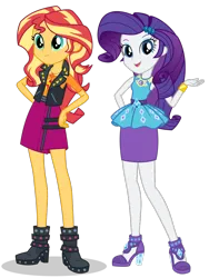 Size: 768x1024 | Tagged: safe, derpibooru import, editor:jacksontormbaymaz, screencap, rarity, sunset shimmer, g4, ankle strap, belt, boots, bracelet, closed mouth, clothes, cutie mark, cutie mark on clothes, duo, duo female, eyeshadow, female, frilly design, geode of empathy, geode of shielding, gold, hand on hip, high heel sandals, high heels, image, jewelry, leather, leather belt, leather boots, leather vest, looking at you, magical geodes, makeup, necklace, open mouth, open smile, pencil skirt, pendant, pink skirt, png, purple skirt, sandals, shirt, shoes, shoulderless, shoulderless shirt, simple background, skirt, smiling, smiling at you, spikes, studs, teenager, transparent background, vest