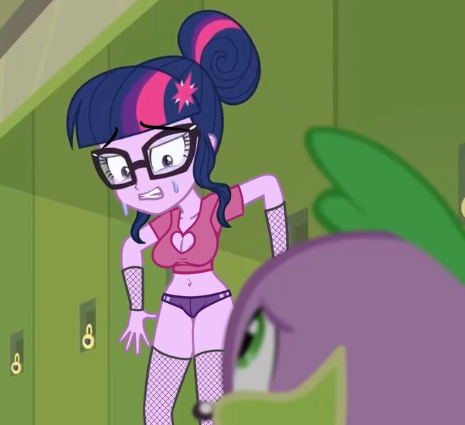 Size: 1251x1143 | Tagged: questionable, artist:steca, derpibooru import, edit, edited screencap, screencap, spike, twilight sparkle, dog, human, equestria girls, g4, alternate hairstyle, areola, areola slip, belly, belly button, big breasts, braless, breasts, busty twilight sparkle, canterlot high, caught, clothes, cropped, duo, duo male and female, female, female focus, fishnet clothing, fishnets, glasses, gritted teeth, hair bun, heart shaped boob window, image, indoors, jpeg, lockers, looking at each other, looking at someone, male, midriff, nervous, not sci-twi, out of frame, panties, socks, solo focus, spike the dog, stockings, sweat, sweatdrop, tanktop, teeth, thigh highs, underwear