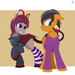 Size: 2500x2500 | Tagged: safe, artist:maslivka, derpibooru import, oc, oc:feather pouffe, oc:sunnyhugs d'amiss, unofficial characters only, demon, demon pony, original species, pegasus, bat wings, blue eyes, clothes, duo, floppy ears, hoodie, horns, image, letter, looking at each other, looking at someone, png, purple eyes, socks, tail, text, two toned hair, two toned tail, wings