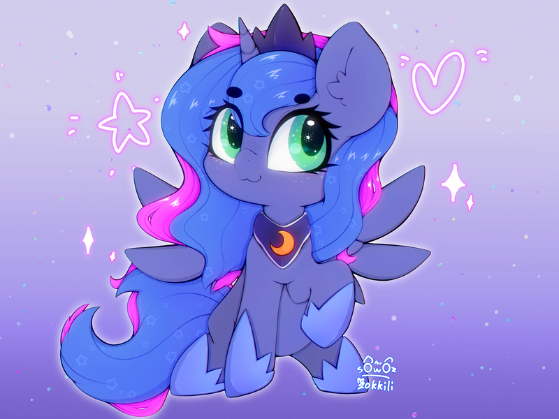 Size: 4000x3000 | Tagged: safe, artist:zokkili, derpibooru import, princess luna, alicorn, pony, g4, :3, crown, ear fluff, eye clipping through hair, eyebrows, eyebrows visible through hair, female, gradient background, heart, hoof shoes, horn, image, jewelry, jpeg, peytral, princess shoes, raised hoof, regalia, solo, sparkles, spread wings, starry eyes, wingding eyes, wings