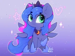 Size: 4000x3000 | Tagged: safe, artist:zokkili, derpibooru import, princess luna, alicorn, pony, g4, :3, crown, ear fluff, eye clipping through hair, eyebrows, eyebrows visible through hair, female, gradient background, heart, hoof shoes, horn, image, jewelry, jpeg, peytral, princess shoes, raised hoof, regalia, solo, sparkles, spread wings, starry eyes, wingding eyes, wings