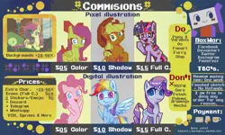 Size: 3200x1920 | Tagged: safe, artist:boxwari, derpibooru import, applejack, fluttershy, pinkie pie, rainbow dash, rarity, twilight sparkle, earth pony, pegasus, pony, unicorn, g4, advertisement, colored, commission, commission info, commission open, digital art, female, flat colors, full color, high res, horn, image, lying down, mane six, mare, pixel art, png, price list, price sheet, price tag, prone, sketch, text, wings