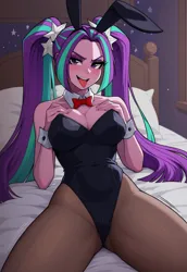 Size: 1280x1856 | Tagged: suggestive, machine learning generated, prompter:aipajac, stable diffusion, aria blaze, human, equestria girls, g4, adult, antagonist, bare shoulders, beautiful, beautisexy, bed, bedroom, big breasts, black leotard, black suit, blushing, bowtie, breasts, bunny ears, bunny suit, busty aria blaze, clothes, detached sleeves, eyelashes, eyeshadow, female, generator:pony diffusion v6 xl, hair tie, hands on breasts, hands on chest, image, jpeg, legs, leotard, long hair, looking at you, makeup, open mouth, open smile, pigtails, pillow, pink skin, playboy bunny aria blaze, purple eyeshadow, seductive, seductive look, seductive pose, sexy, sleeveless, smiling, smiling at you, solo, solo female, spread legs, spreading, straight hair, stupid sexy aria blaze, suit, thong leotard, tongue out, twintails, two toned hair