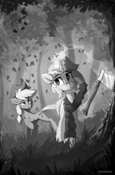 Size: 1346x2043 | Tagged: safe, artist:ramiras, derpibooru import, applejack, lyra heartstrings, earth pony, pony, unicorn, fanfic:background pony, g4, axe, female, grayscale, horn, image, mare, monochrome, png, weapon