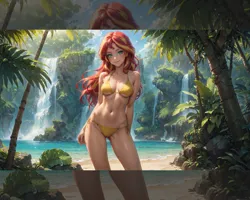 Size: 1920x1536 | Tagged: suggestive, ai content, artist:truekry, edit, machine learning generated, ponerpics import, ponybooru import, stable diffusion, sunset shimmer, human, equestria girls, ai composition, beach, belly, bikini, breasts, clothes, forest, generator:pony diffusion v6 xl, image, jungle, long hair, midriff, nature, outdoors, png, reasonably sized breasts, sand, stupid sexy sunset shimmer, swimsuit, tree, wallpaper, water, waterfall