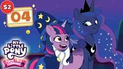 Size: 1281x720 | Tagged: safe, artist:prixy05, derpibooru import, princess luna, twilight sparkle, alicorn, pony, unicorn, g4, g5, luna eclipsed, my little pony: tell your tale, clothes, costume, duo, duo female, female, g4 to g5, generation leap, horn, image, mare, my little pony, my little pony: form your friendship, nightmare night costume, png, star swirl the bearded costume, thumbnail, unicorn twilight