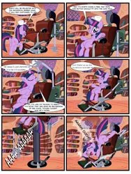 Size: 3500x4656 | Tagged: safe, artist:lev0on, derpibooru import, twilight sparkle, pony, unicorn, comic:twilight sparkle and the barber chair, g4, aaaaaaaaaa, aaaaaaahhhhh, ass up, barber, book, butt, button, comic, emanata, eyebrows, eyebrows visible through hair, eyes closed, face down ass up, female, glow, glowing horn, golden oaks library, hat, high res, horn, image, library, magic, mare, mechanical hands, one eye closed, open mouth, ouch, png, rear view, sitting, solo, speech bubble, telekinesis, twibutt, unicorn twilight, window, wink