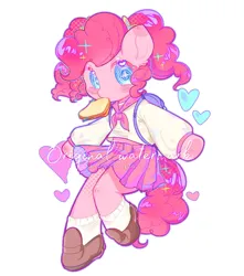 Size: 1080x1224 | Tagged: safe, artist:限定雪糕w, derpibooru import, pinkie pie, earth pony, pony, semi-anthro, g4, backpack, blush sticker, blushing, bread, bread in mouth, clothes, cute, diapinkes, ear fluff, female, food, full body, hair tie, heart, heart hoof, image, jpeg, long sleeves, looking at you, mare, mouth hold, neckerchief, sandwich, school uniform, shirt, shoes, simple background, skirt, socks, solo, sparkles, standing on two hooves, swirly blush, swirly eyes, text, toast, uniform, watermark, white background