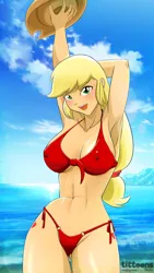 Size: 1080x1920 | Tagged: suggestive, alternate version, artist:tittoons, ponerpics import, ponybooru import, applejack, human, abs, applejack's hat, armpits, beach, breasts, busty applejack, cleavage, clothes, cowboy hat, cutie mark on human, erect nipples, female, hat, humanized, image, looking at you, outdoors, panties, png, red bikini, smiling, solo, solo female, swimsuit, thong, underwear, wallpaper