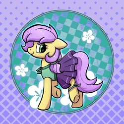 Size: 3000x3000 | Tagged: safe, artist:brella, derpibooru import, oc, oc:plum blossoms, unofficial characters only, earth pony, pony, abstract background, anklet, bow, clothes, cute, dress, earth pony oc, female, flower, green eyes, high res, image, jewelry, looking back, mare, pigtails, png, purple hair, solo, standing on two hooves, underhoof, yellow coat