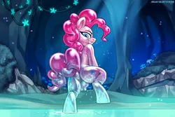 Size: 3000x2000 | Tagged: suggestive, artist:jedayskayvoker, derpibooru import, pinkie pie, earth pony, pony, g4, butt, cave, crotch bulge, detailed background, evil grin, futa, grin, image, intersex, lake, latex, latex suit, looking at you, looking back, looking back at you, png, rubber, rubber suit, shiny, smiling, solo, solo futa, transformation, water, water droplet