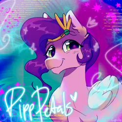 Size: 2048x2048 | Tagged: safe, artist:cupute, derpibooru import, pipp petals, pegasus, pony, g5, 80s, abstract background, adorapipp, album cover, big ears, colored wings, cute, doodles, ear fluff, ears up, female, gradient background, green eyes, image, jewelry, looking at you, mare, pink coat, png, purple mane, regalia, shading, shapes, shiny mane, signature, smiling, smiling at you, smirk, solo, wings, writing