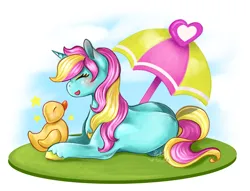 Size: 3699x2831 | Tagged: safe, artist:pastelpalette, derpibooru import, dewdrop dazzle, bird, duck, pony, g4, blue coat, cute, fanart, female, image, lying down, mare, pet, png, smiling, solo, umbrella