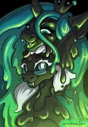 Size: 1640x2360 | Tagged: safe, artist:stirren, derpibooru import, queen chrysalis, oc, oc:starlight vine, changeling, goo, goo pony, original species, g4, bondage, broken horn, bust, changeling oc, crown, encasement, fangs, glasses, horn, horn ring, image, jewelry, living latex, looking down, looking up, png, portrait, regalia, ring