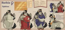 Size: 2048x954 | Tagged: suggestive, artist:sinnocturnal, derpibooru import, oc, oc:bathia, unofficial characters only, anthro, sphinx, bbw, breasts, clothes, cute, egyptian, fat, female, image, jpeg, looking at you, mythology, reference sheet, smiling, species swap, sphinx oc, sphinxified, text