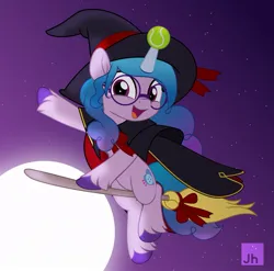 Size: 929x919 | Tagged: safe, artist:jhayarr23, derpibooru import, izzy moonbow, pony, unicorn, g5, ball, broom, cloak, clothes, cute, daaaaaaaaaaaw, female, flying, flying broomstick, full moon, glasses, hat, hnnng, horn, image, izzy's tennis ball, izzybetes, jpeg, looking at you, mare, moon, night, night sky, outdoors, sky, solo, tennis ball, witch hat, witch izzy