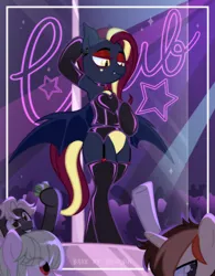 Size: 3893x5001 | Tagged: safe, artist:<w>13(of)12, derpibooru import, oc, oc:nightingale ode, unofficial characters only, bat pony, pony, semi-anthro, g4, base used, bat pony oc, bat wings, bedroom eyes, bipedal, birthmark, blue body, choker, clothes, club, collar, colored belly, colored hooves, corset, dancing, ear fluff, ear piercing, ear tufts, earring, fangs, female, heart, hooves, image, jewelry, latex, latex corset, latex socks, lidded eyes, makeup, male, mare, money, party, piercing, png, pole, pole dancing, red hair, seductive, seductive look, seductive pose, sexy, shy, socks, solo focus, spotlight, stockings, stripper pole, thigh highs, underwear, wings, yellow eyes