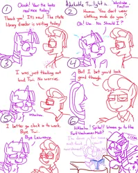 Size: 4779x6013 | Tagged: safe, artist:adorkabletwilightandfriends, derpibooru import, spike, twilight sparkle, twilight sparkle (alicorn), oc, oc:lawrence, alicorn, comic:adorkable twilight and friends, g4, adorkable, adorkable twilight, blushing, book, clothes, comic, compliment, couch, cute, dork, ear blush, happy, image, magic, necktie, nervous, png, reading, self-conscious, sitting, slice of life, smiling, spread wings, suave, wave, wings