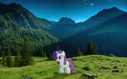 Size: 3840x2400 | Tagged: safe, derpibooru import, edit, editor:unicornchud, rarity, unicorn, g4, braid, horn, image, mountain, outdoors, pigtails, png, scenery, solo