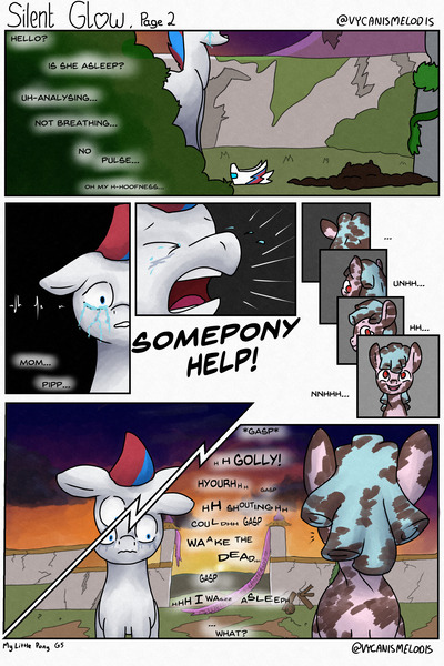 Size: 2000x3000 | Tagged: safe, artist:nerdynordic, derpibooru import, cozy glow, zipp storm, pegasus, pony, comic:silent glow, g4, g5, canterlot, comic, crying, dialogue, dirty, duo, duo female, female, filly, foal, image, implied death, jpeg, mare, mud, muddy, outdoors, overgrown, panic, rad-visor, ruins, visor, yelling