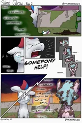 Size: 2000x3000 | Tagged: safe, artist:nerdynordic, derpibooru import, cozy glow, zipp storm, pegasus, pony, comic:silent glow, g4, g5, canterlot, comic, crying, dialogue, dirty, duo, duo female, female, filly, foal, image, implied death, jpeg, mare, mud, muddy, outdoors, overgrown, panic, rad-visor, ruins, visor, yelling