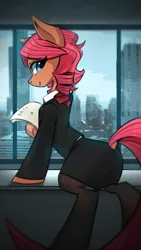 Size: 1080x1920 | Tagged: safe, artist:l8lhh8086, derpibooru import, oc, unofficial characters only, earth pony, pony, business suit, businessmare, city, cityscape, clothes, dock, female, image, indoors, looking back, mare, office clothes, pantyhose, paper, png, skirt, skirt suit, smiling, solo, suit, tail, window