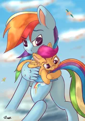 Size: 2480x3508 | Tagged: safe, artist:playful wings, derpibooru import, rainbow dash, scootaloo, pegasus, pony, g4, :3, bandaid, biting, butt, colored wings, cute, cutealoo, duo focus, female, filly, foal, folded wings, high res, image, mare, nibbling, nom, outdoors, plot, png, ponies riding ponies, rainbutt dash, riding, riding a pony, scootaloo riding rainbow dash, tail, tail bite, two toned wings, wings